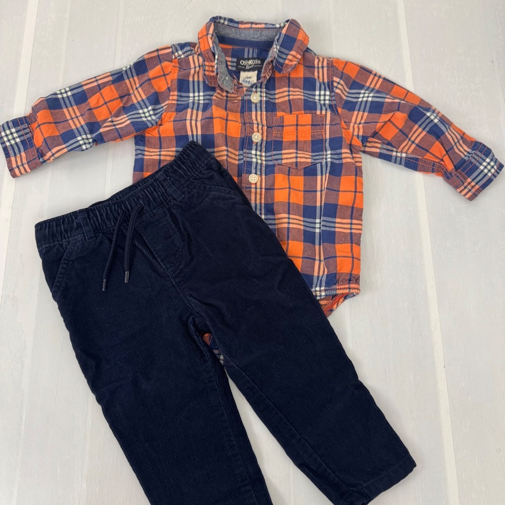 OshKosh Plaid Bodysuit / Old Navy Corduroy Pants Boy 12-18M Orange Navy Fall Set